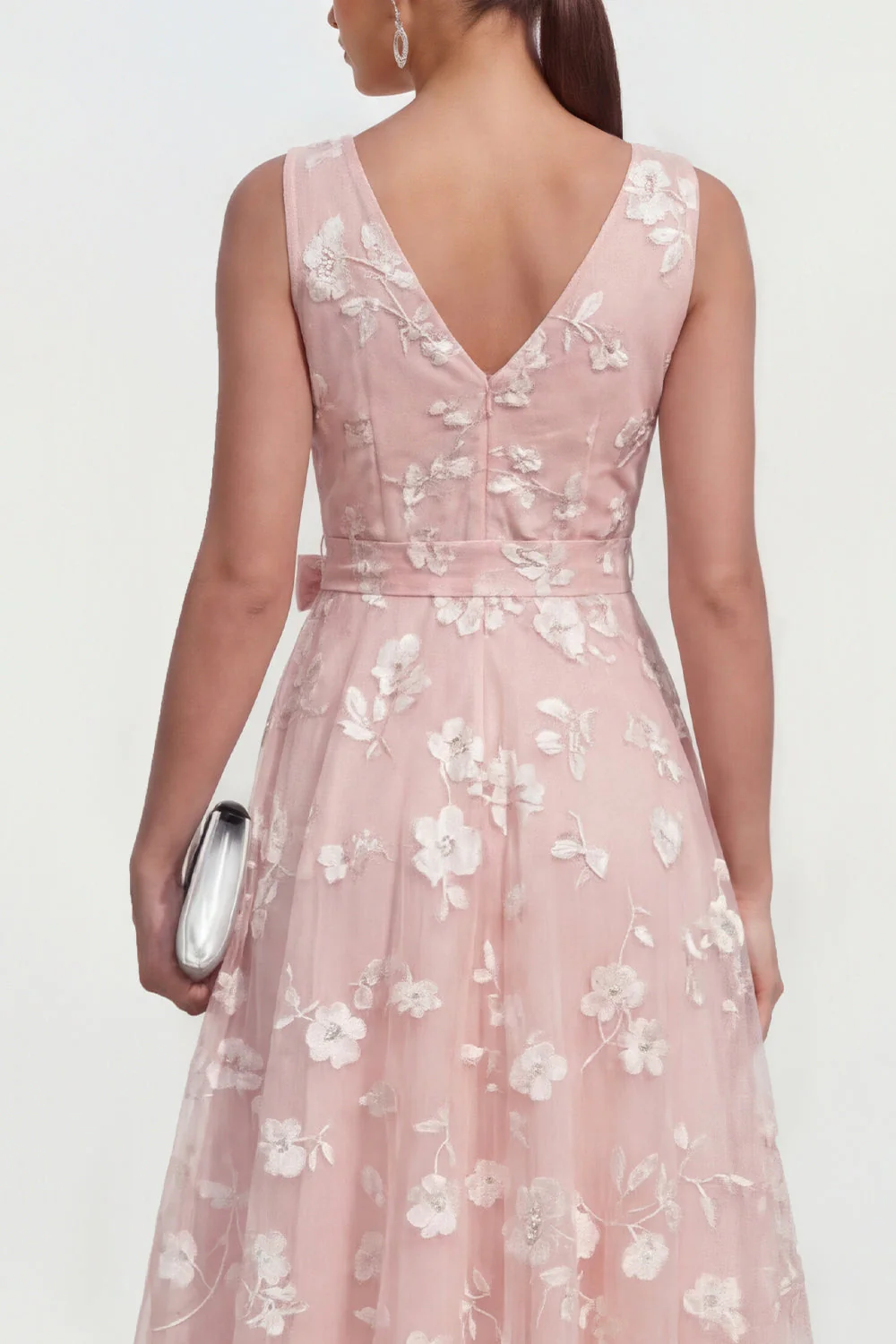Lilac A-Line V-Neck Midi Floral Dress with Bow - Image 11