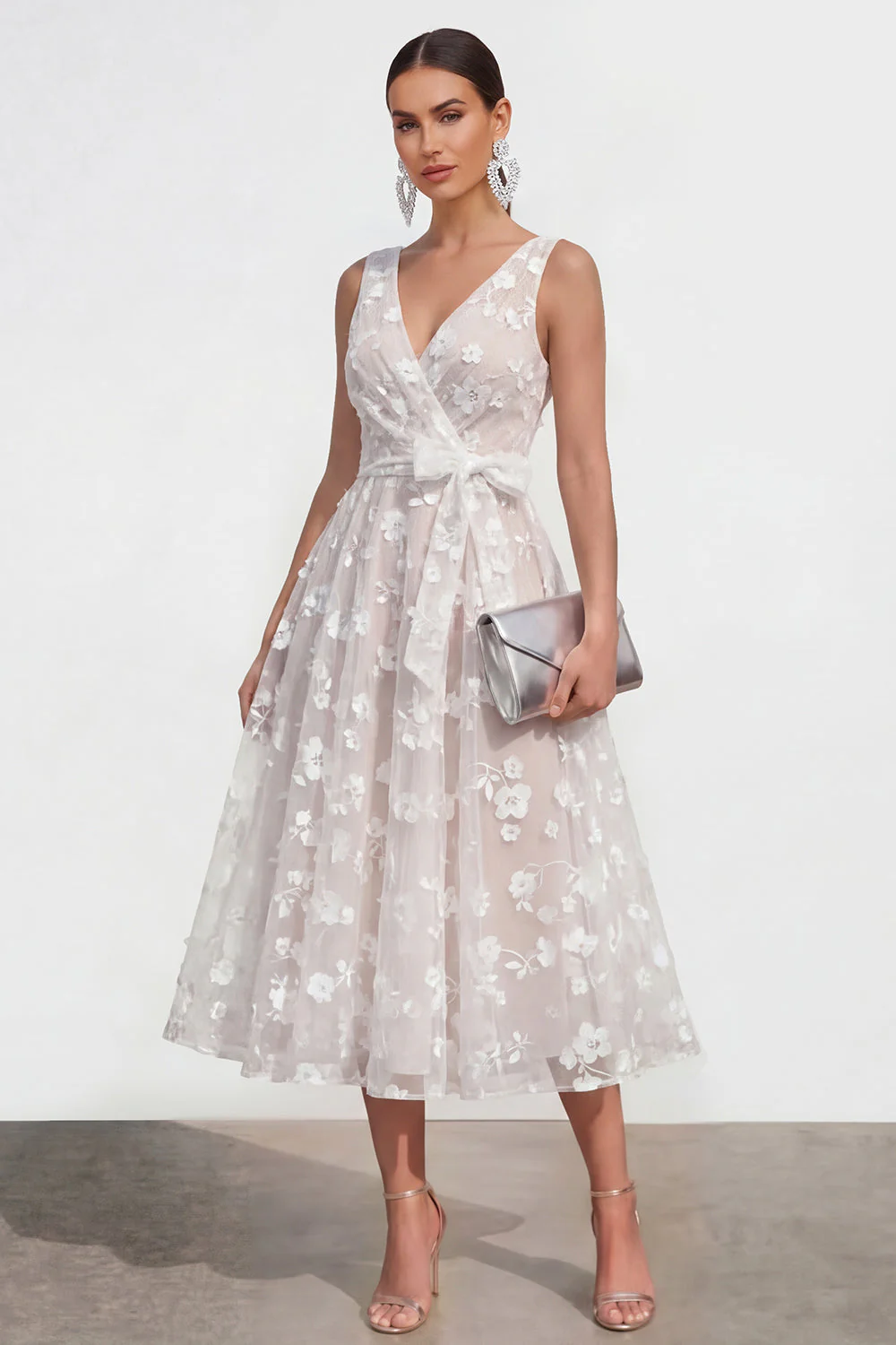 Lilac A-Line V-Neck Midi Floral Dress with Bow - Image 13