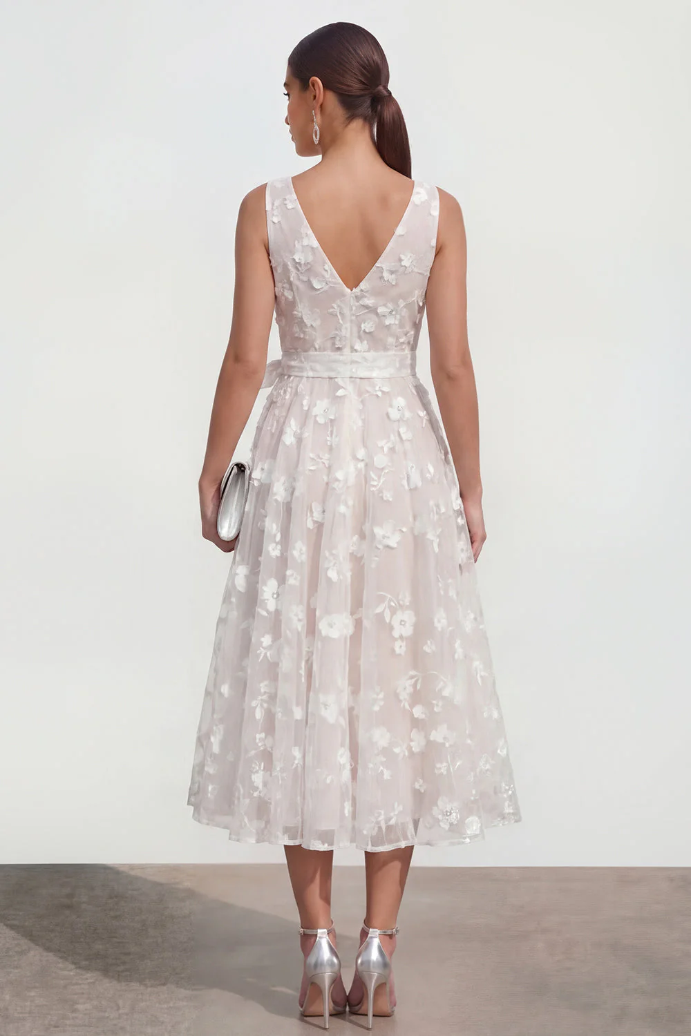Lilac A-Line V-Neck Midi Floral Dress with Bow - Image 14