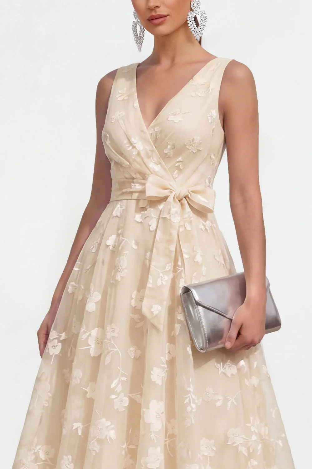 Lilac A-Line V-Neck Midi Floral Dress with Bow - Image 19