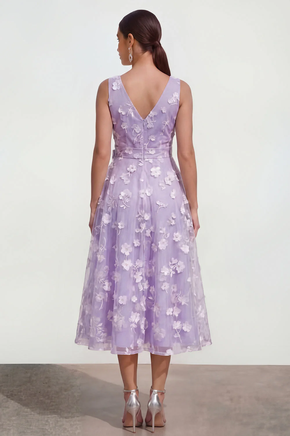 Lilac A-Line V-Neck Midi Floral Dress with Bow - Image 2