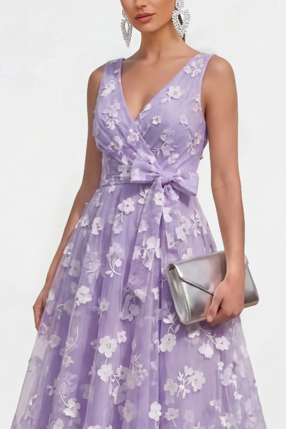 Lilac A-Line V-Neck Midi Floral Dress with Bow - Image 3