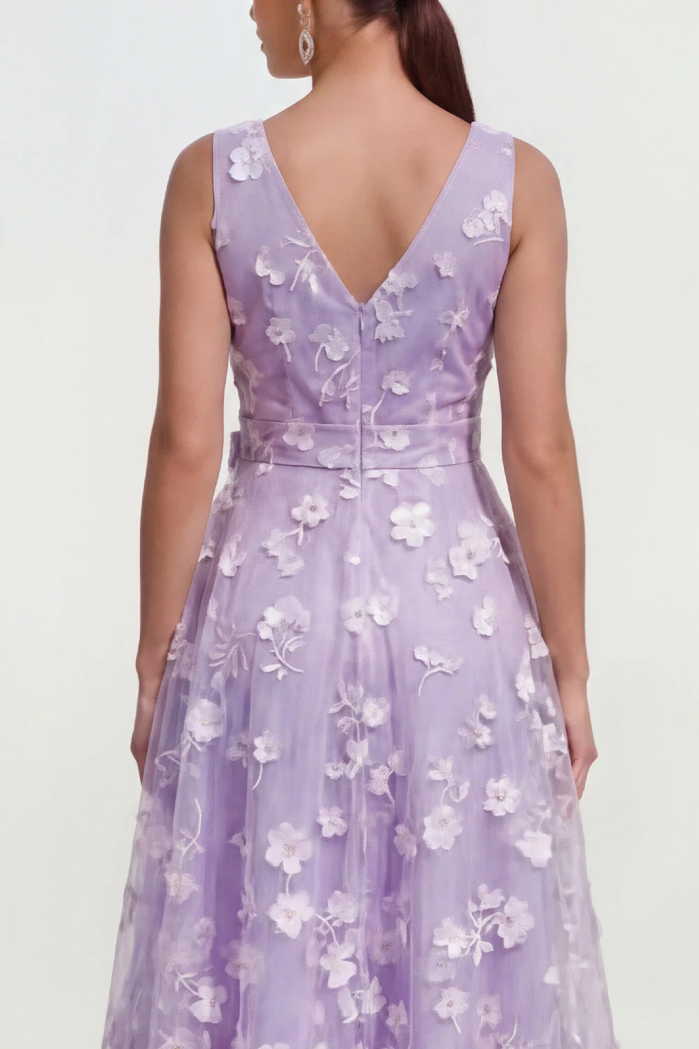 Lilac A-Line V-Neck Midi Floral Dress with Bow - Image 4