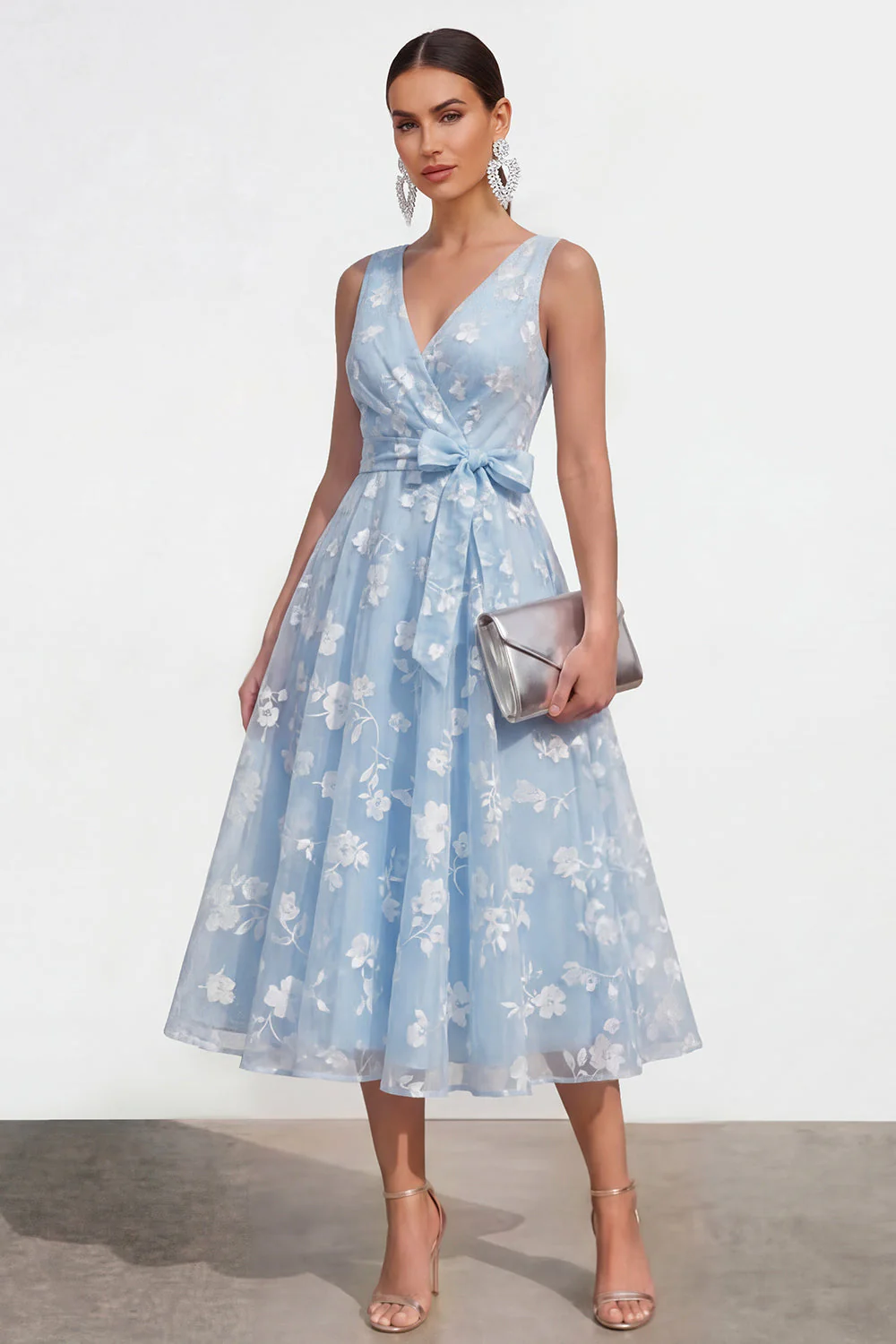 Lilac A-Line V-Neck Midi Floral Dress with Bow - Image 5