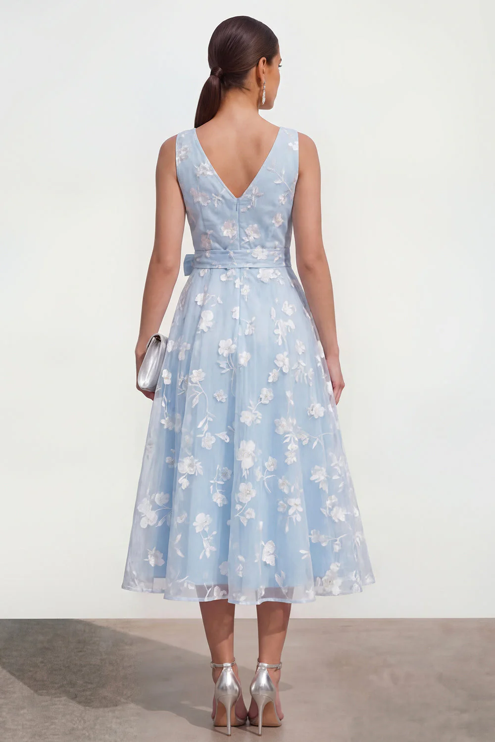 Lilac A-Line V-Neck Midi Floral Dress with Bow - Image 6