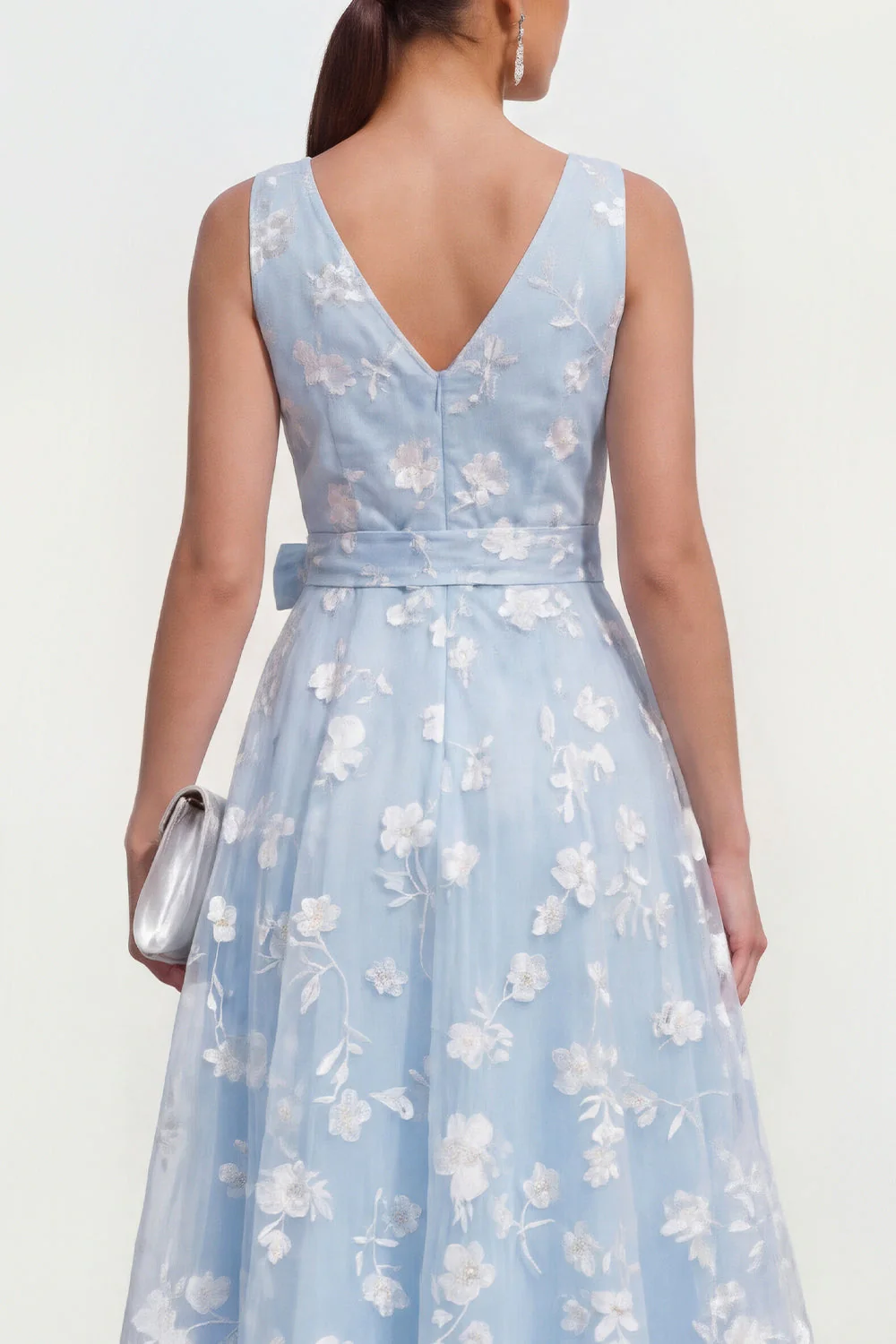 Lilac A-Line V-Neck Midi Floral Dress with Bow - Image 8