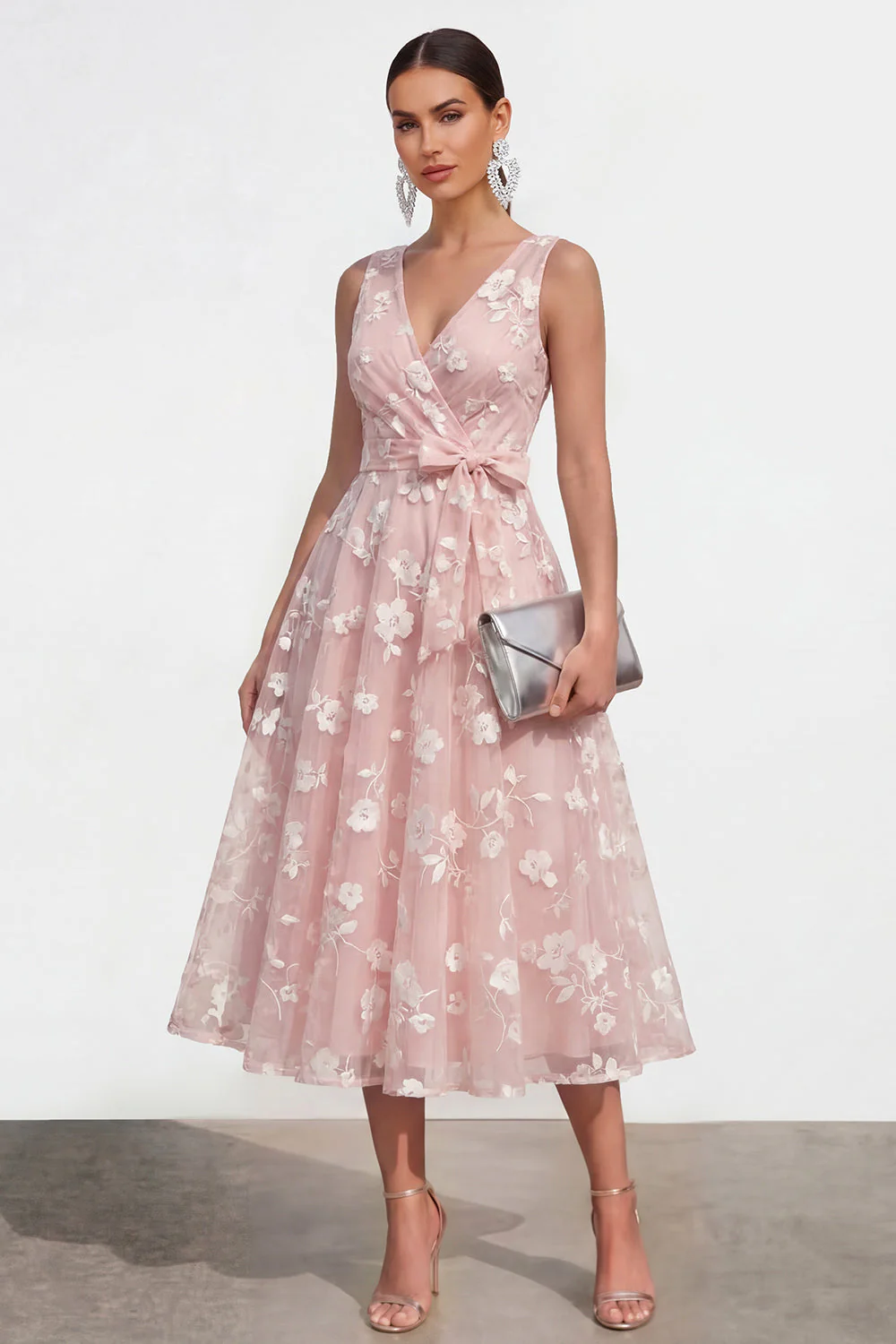Lilac A-Line V-Neck Midi Floral Dress with Bow - Image 9