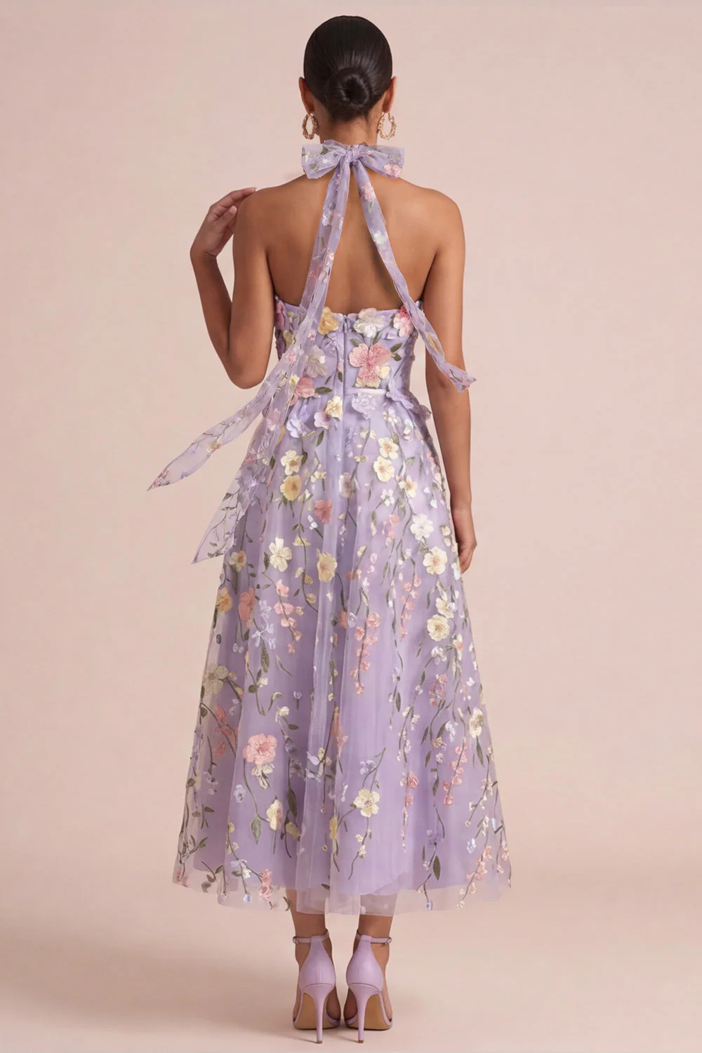 Lilac Appliqued Halter A Line Cut Out Ruffled Midi Dress with 3D Flowers - Image 2