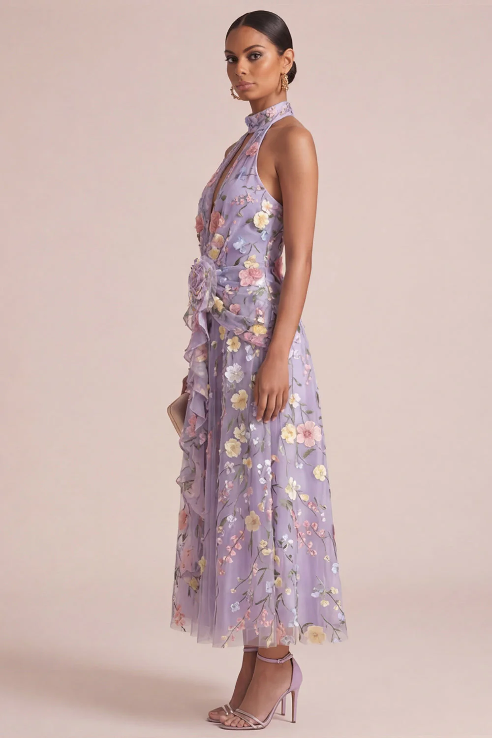 Lilac Appliqued Halter A Line Cut Out Ruffled Midi Dress with 3D Flowers - Image 3