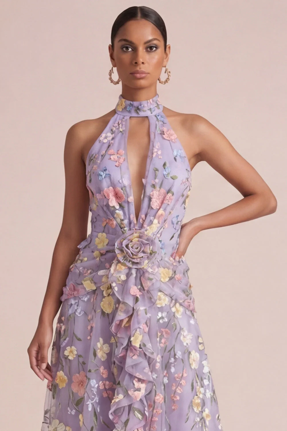 Lilac Appliqued Halter A Line Cut Out Ruffled Midi Dress with 3D Flowers - Image 4