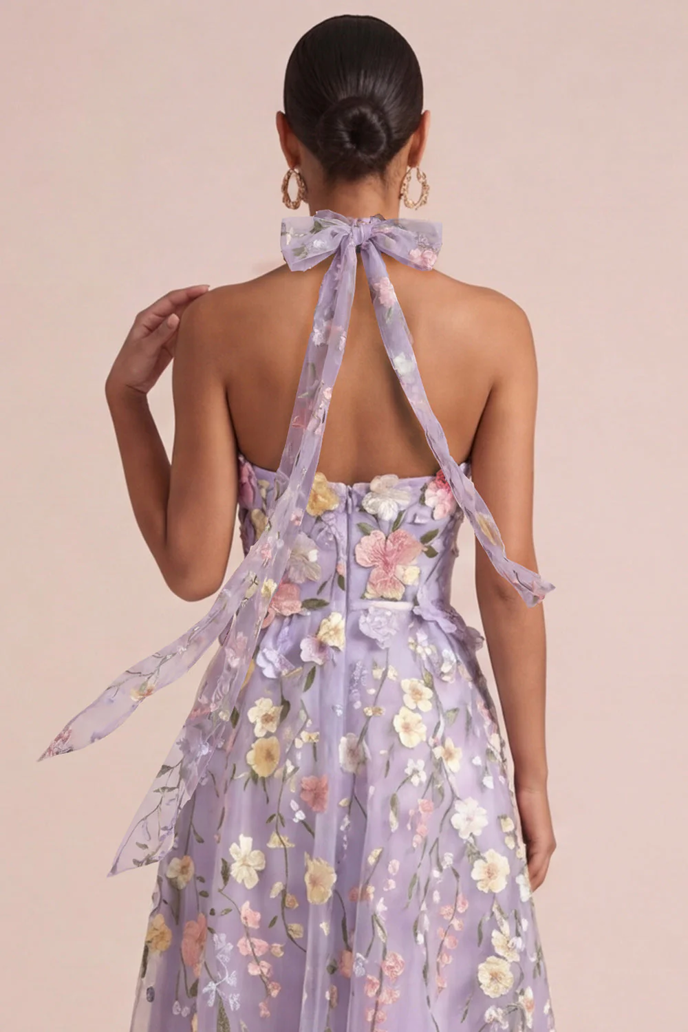 Lilac Appliqued Halter A Line Cut Out Ruffled Midi Dress with 3D Flowers - Image 5