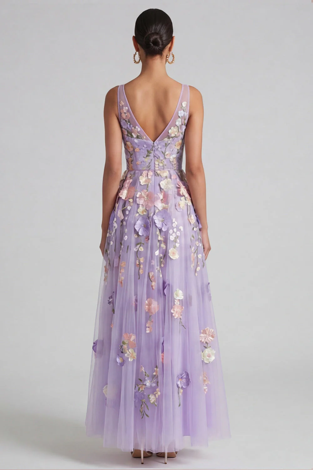 Lilac Appliqued V Neck A Line Midi Floral Dress - Image 2