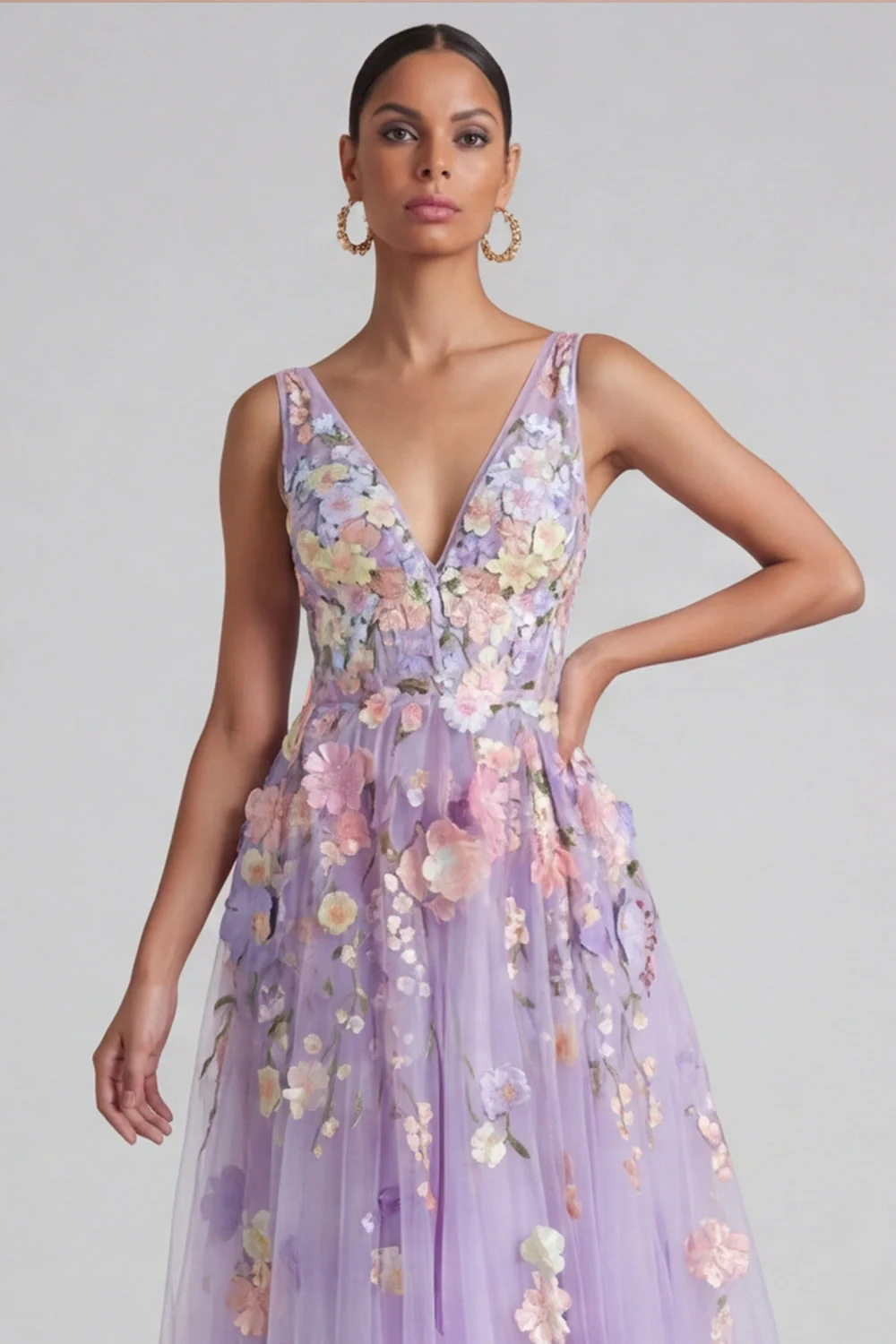 Lilac Appliqued V Neck A Line Midi Floral Dress - Image 3