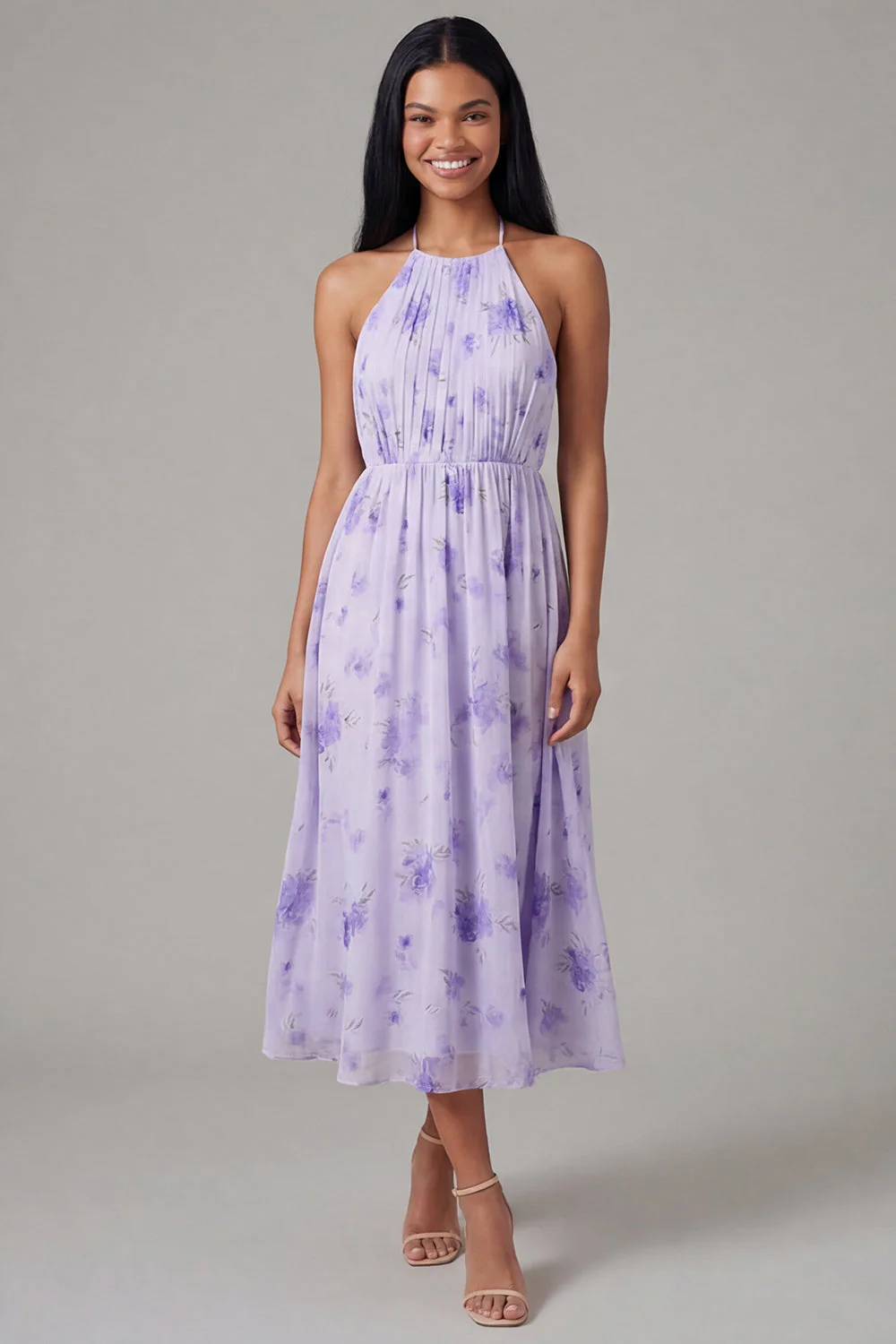 Lilac Chiffon Halter Neck Ruched Sheath Floral Midi Dress with Bow