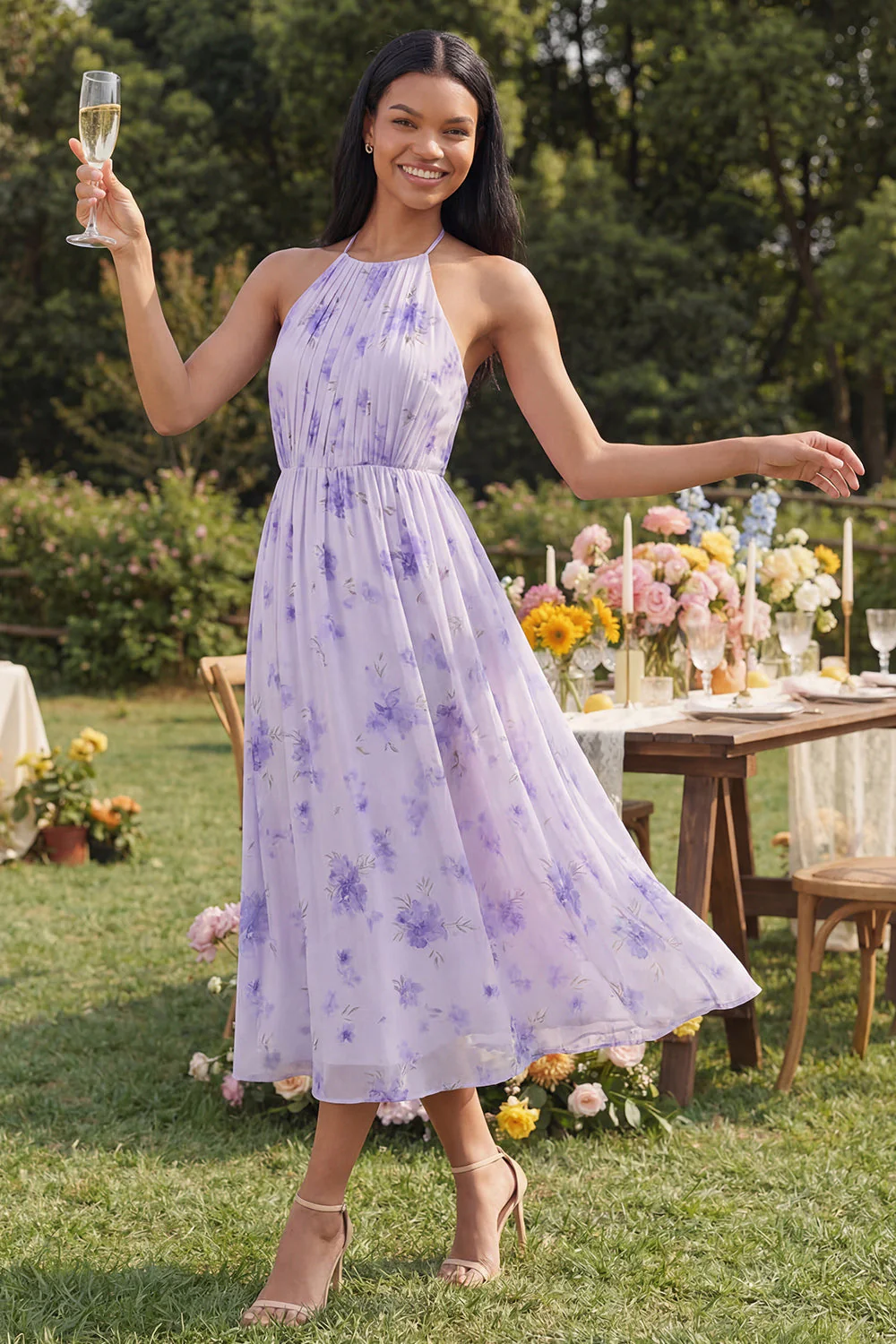Lilac Chiffon Halter Neck Ruched Sheath Floral Midi Dress with Bow - Image 2