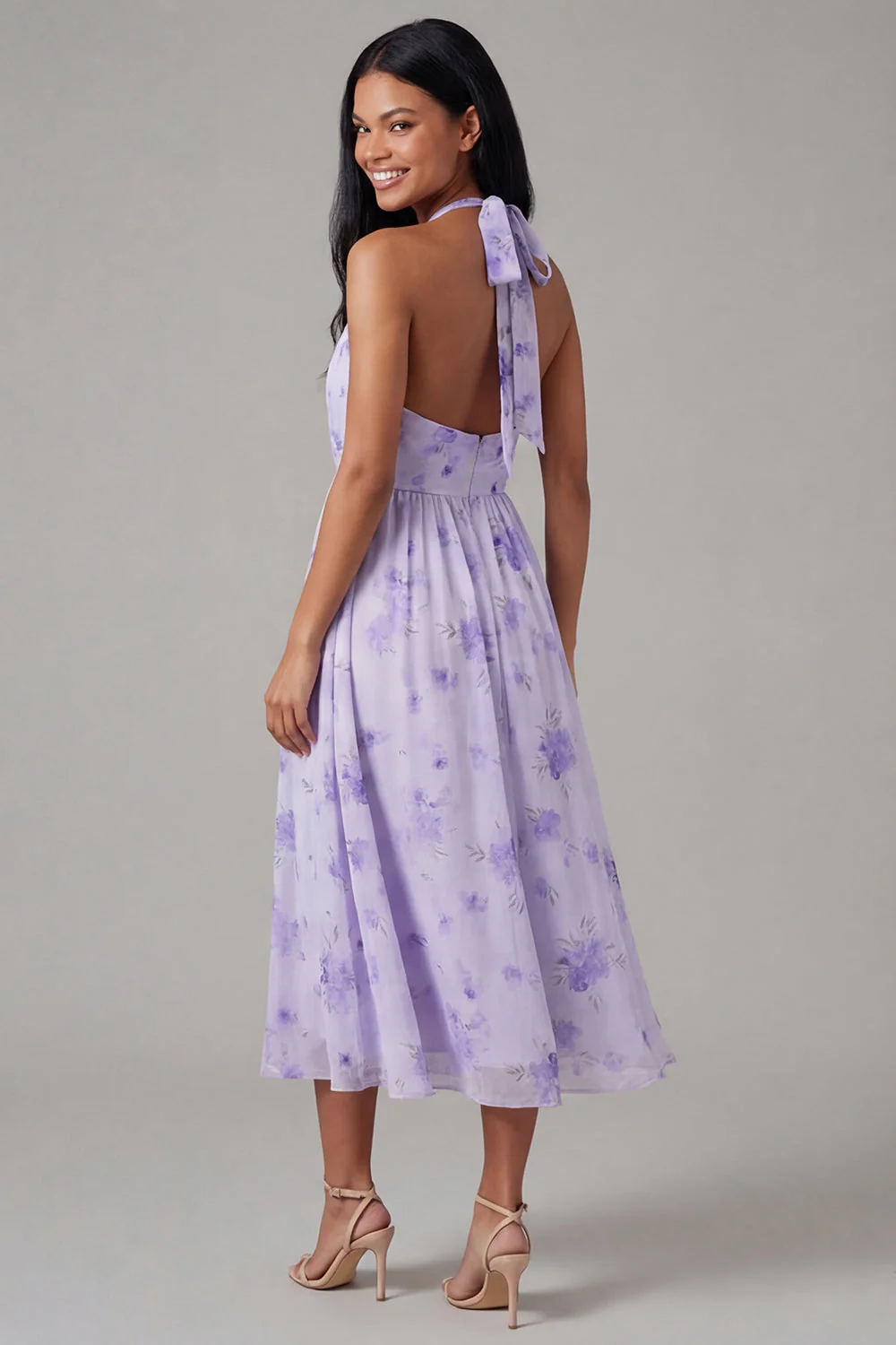 Lilac Chiffon Halter Neck Ruched Sheath Floral Midi Dress with Bow - Image 4