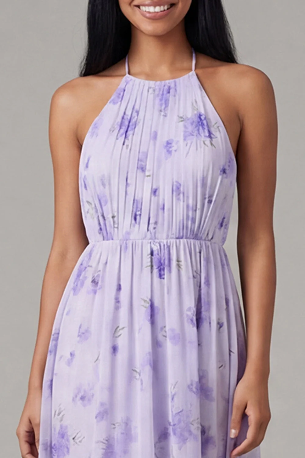 Lilac Chiffon Halter Neck Ruched Sheath Floral Midi Dress with Bow - Image 5