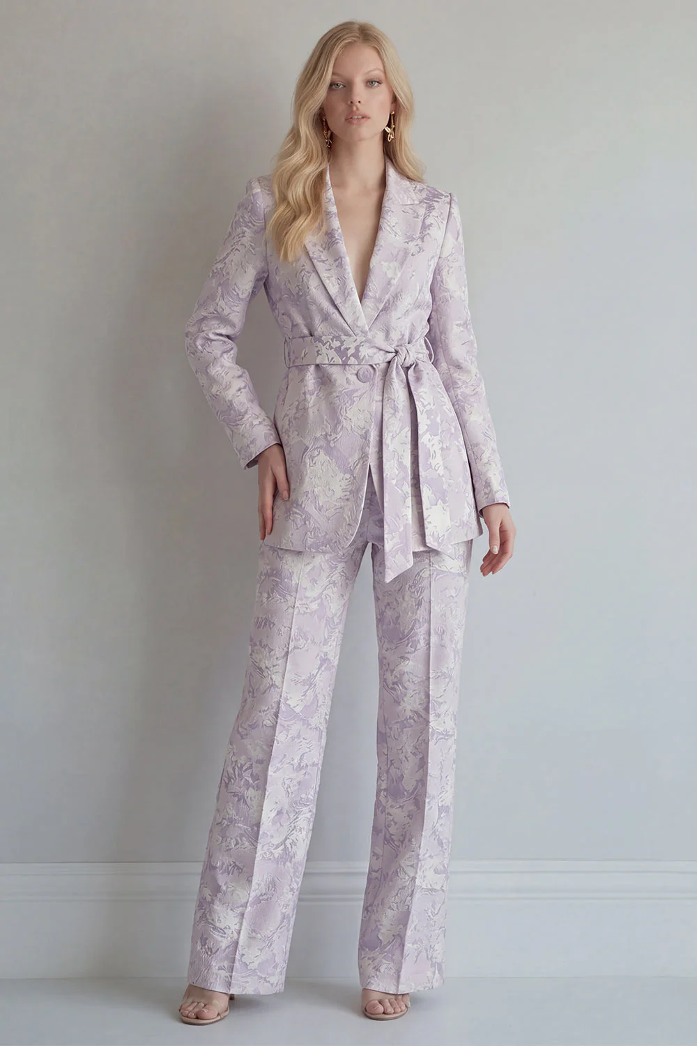 Lilac Floral Single Breasted 2 Piece Peak Lapel Long Prom Suits with Belt
