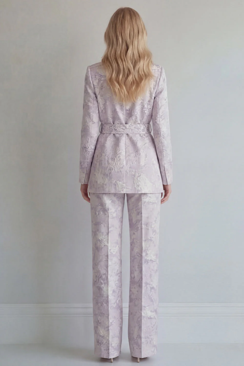 Lilac Floral Single Breasted 2 Piece Peak Lapel Long Prom Suits with Belt - Image 2