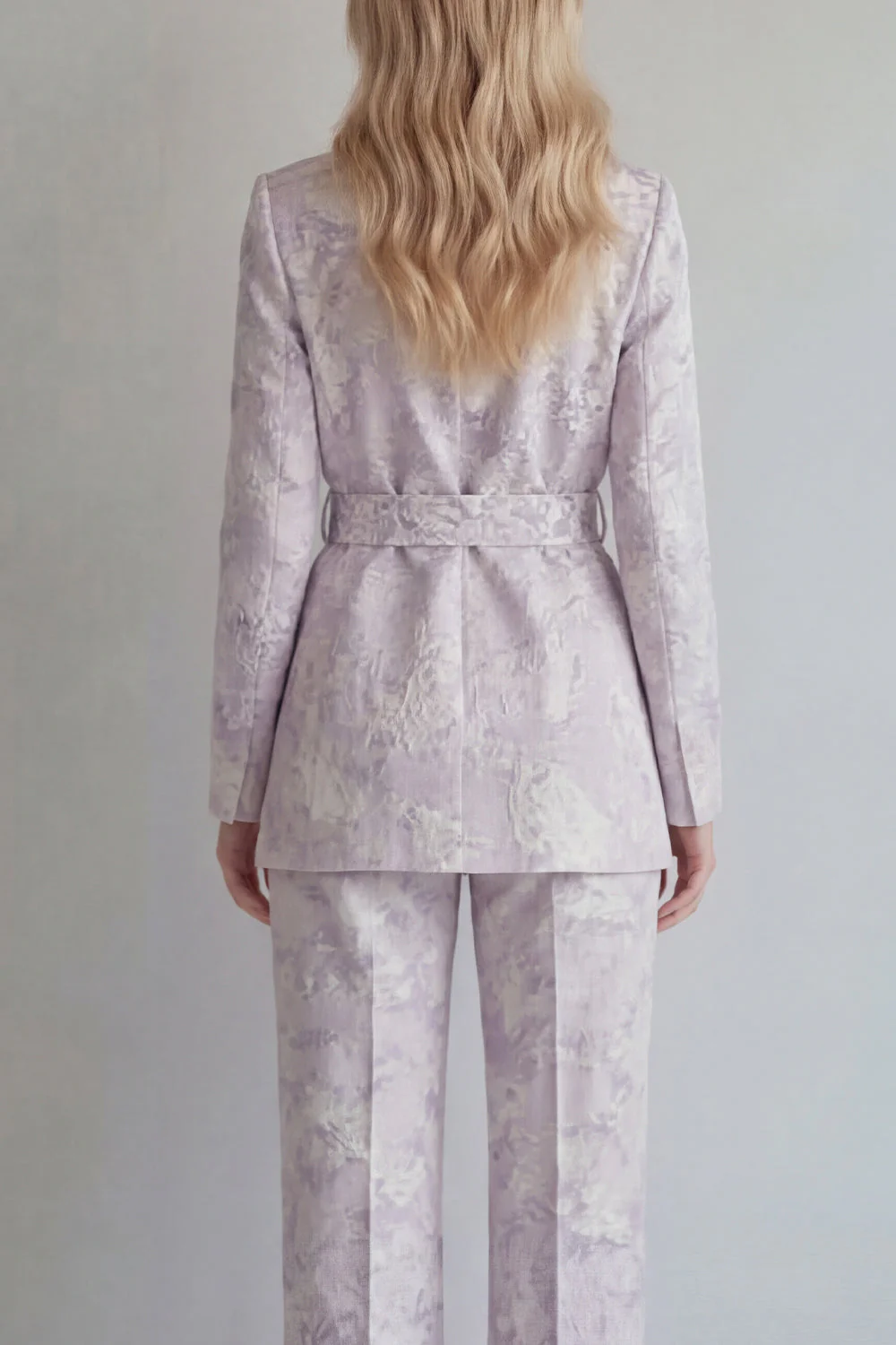 Lilac Floral Single Breasted 2 Piece Peak Lapel Long Prom Suits with Belt - Image 4