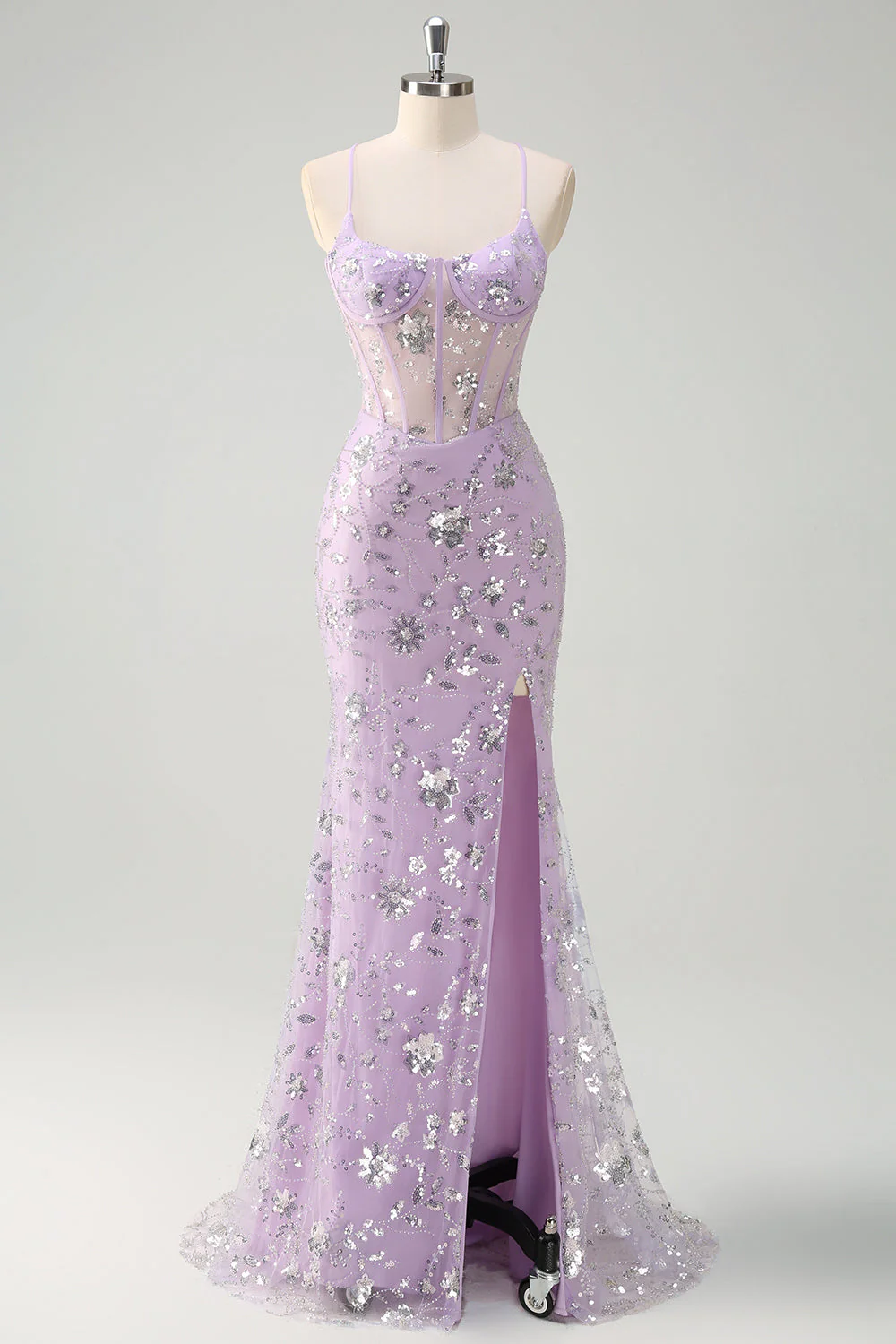 Lilac Mermaid Spaghetti Straps Corset Sequin Prom Dress with Slit - Image 3