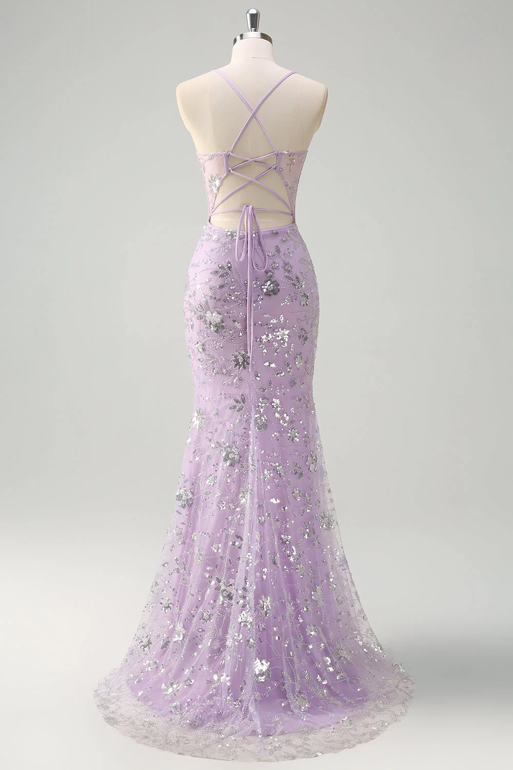 Lilac Mermaid Spaghetti Straps Corset Sequin Prom Dress with Slit - Image 4