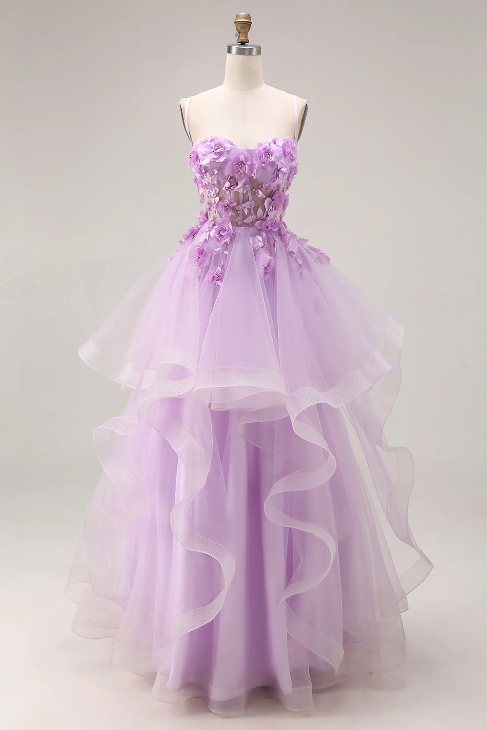 Lilac Sweetheart Princess Lace Up Back 3D Flowers Long Prom Dress with Organza