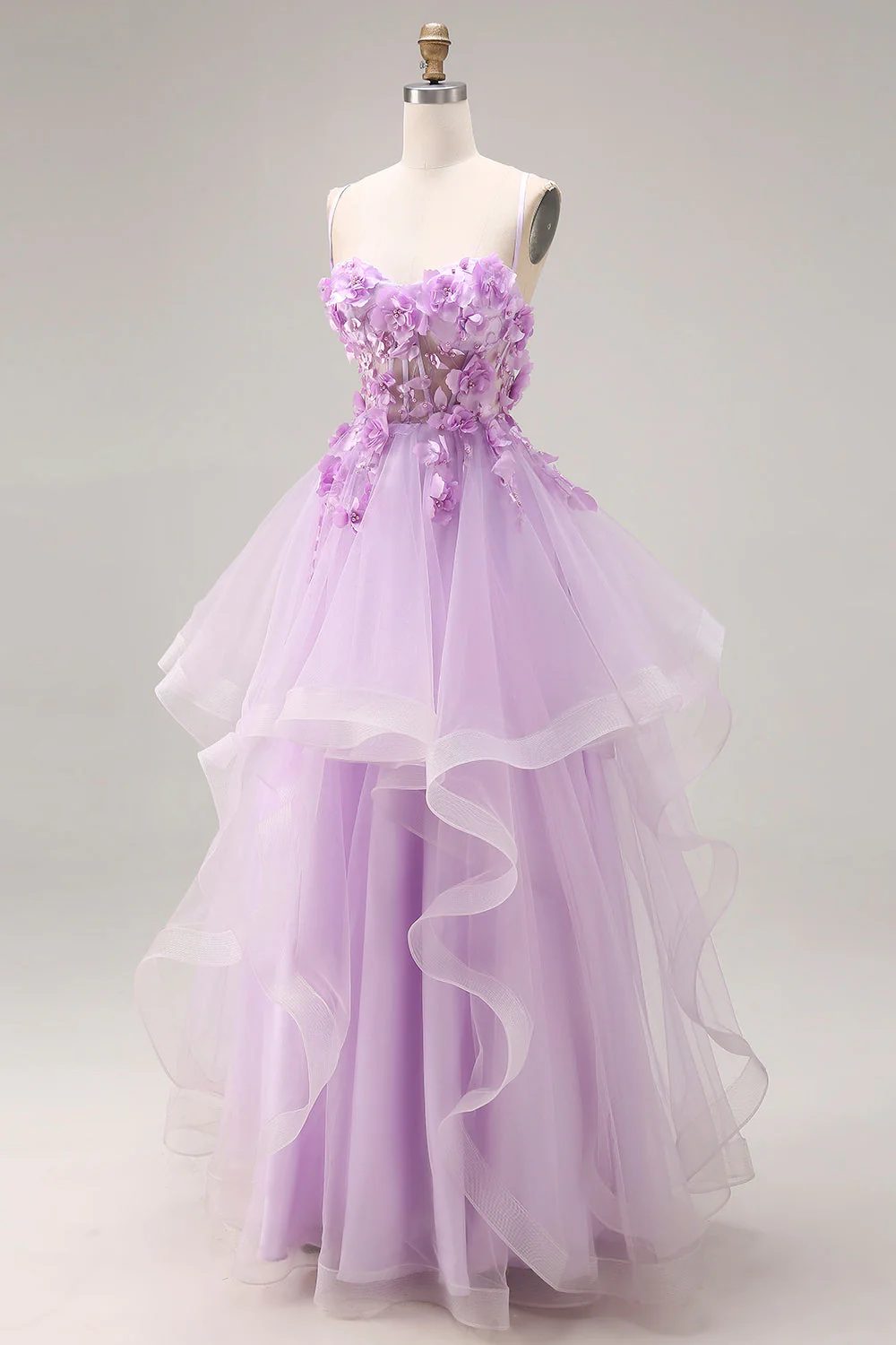 Lilac Sweetheart Princess Lace Up Back 3D Flowers Long Prom Dress with Organza - Image 3
