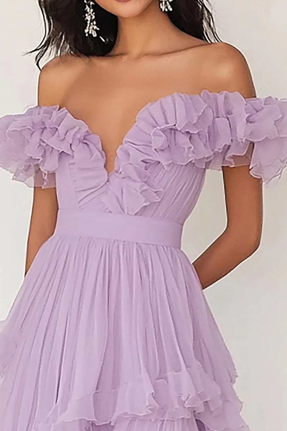 Lilac Ruffled Off the Shoulder A Line Pleated Prom Dress - Image 2