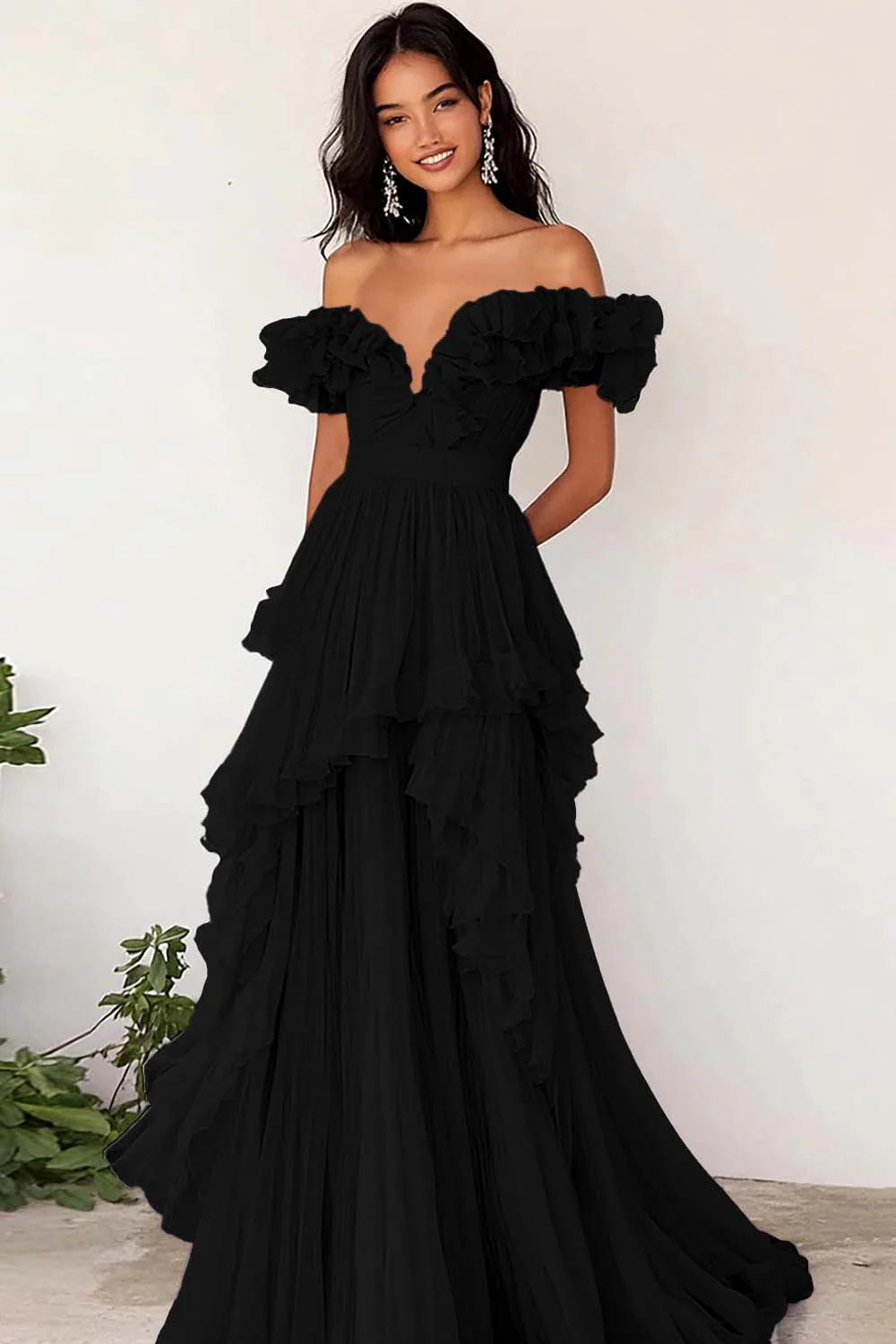 Lilac Ruffled Off the Shoulder A Line Pleated Prom Dress - Image 3