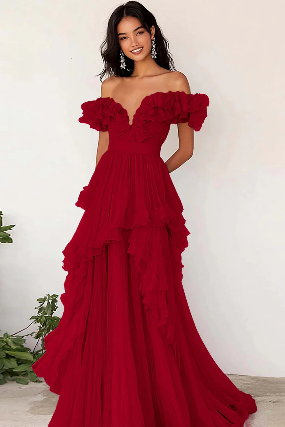 Lilac Ruffled Off the Shoulder A Line Pleated Prom Dress - Image 4