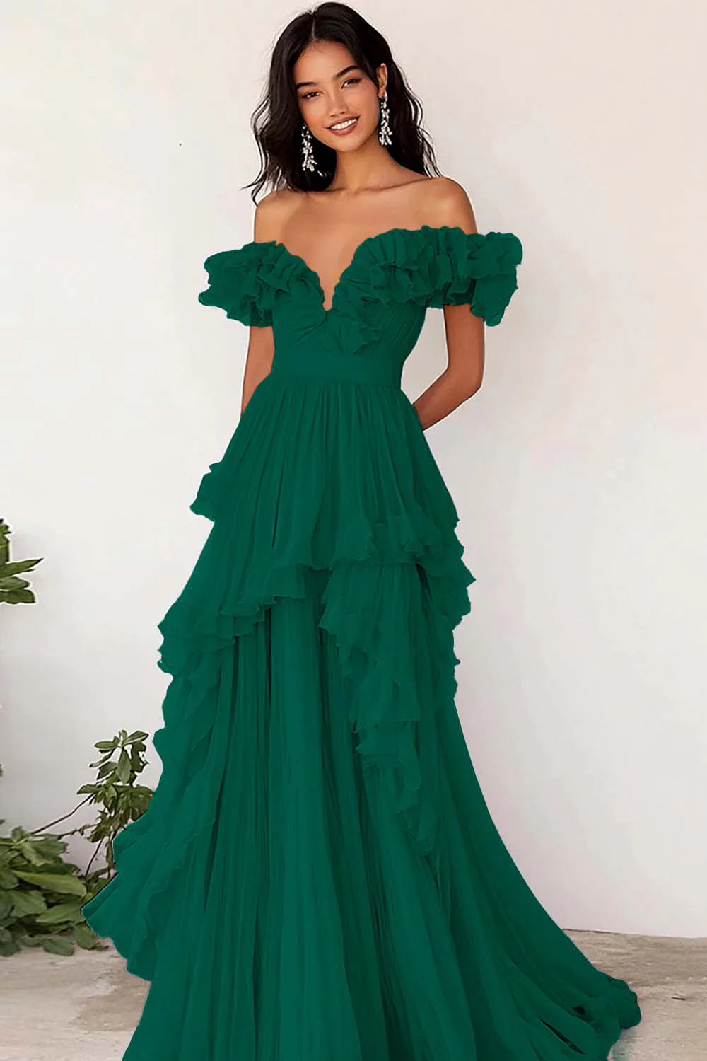 Lilac Ruffled Off the Shoulder A Line Pleated Prom Dress - Image 5