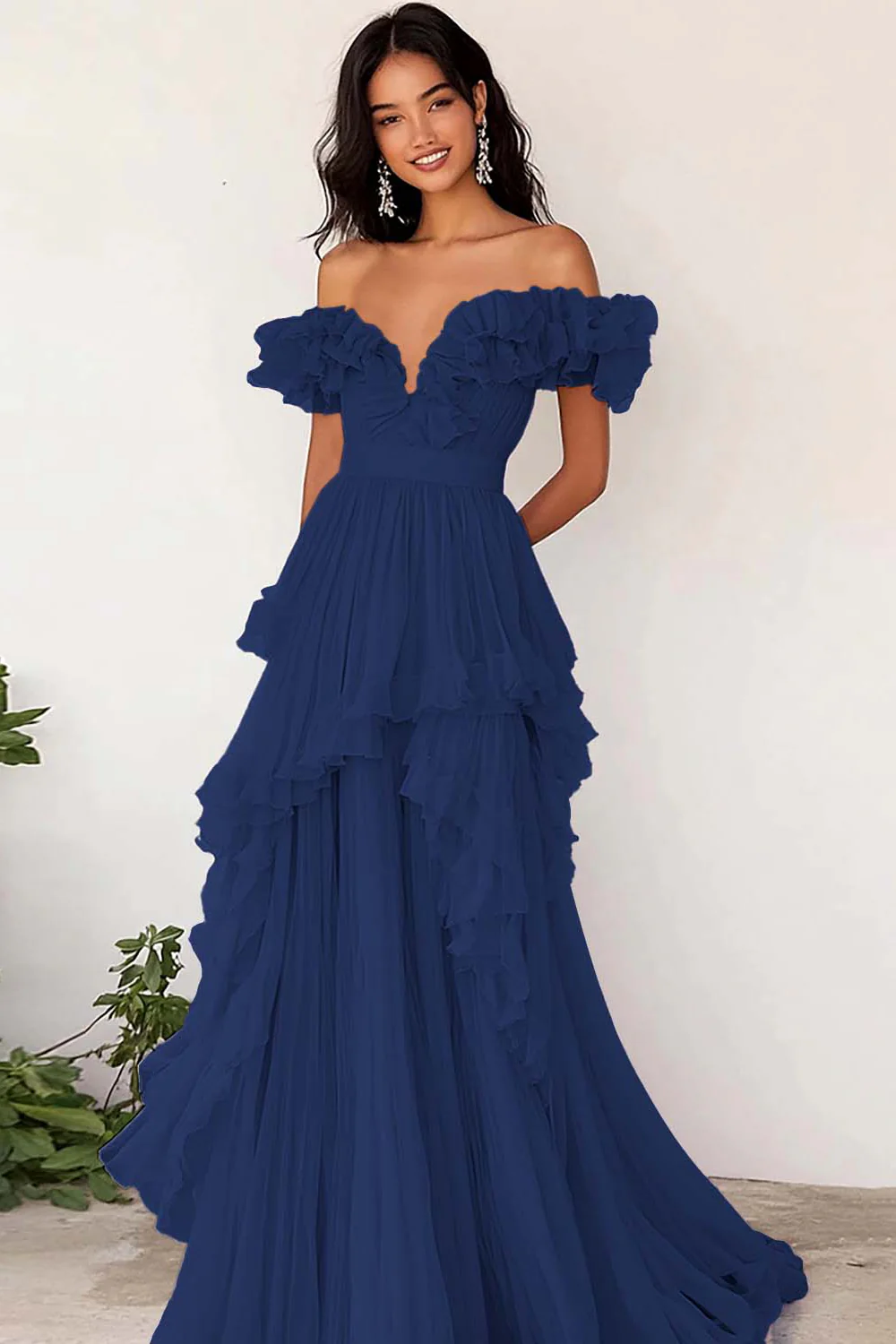 Lilac Ruffled Off the Shoulder A Line Pleated Prom Dress - Image 6
