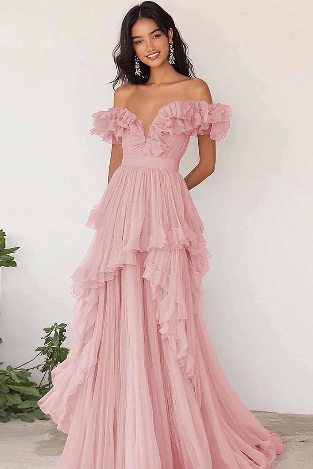 Lilac Ruffled Off the Shoulder A Line Pleated Prom Dress - Image 7