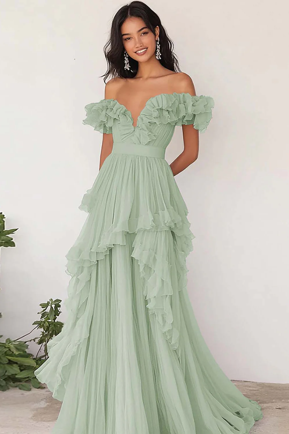 Lilac Ruffled Off the Shoulder A Line Pleated Prom Dress - Image 8