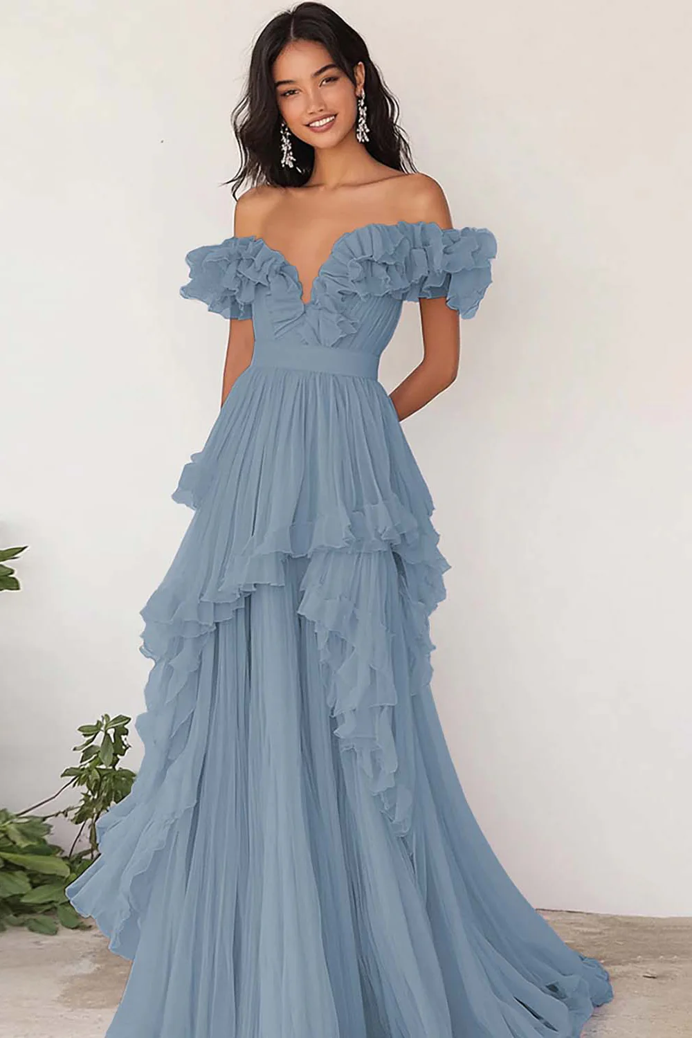 Lilac Ruffled Off the Shoulder A Line Pleated Prom Dress - Image 9