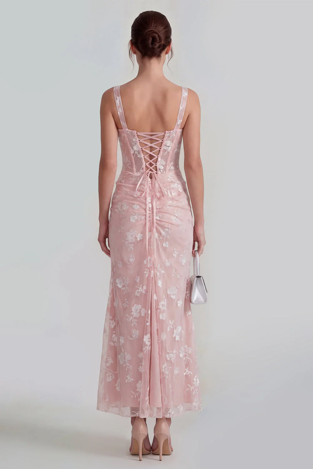 Lilac Sheath Sheer Corset Square Neck Midi Floral Dress with Lace Up Back - Image 10
