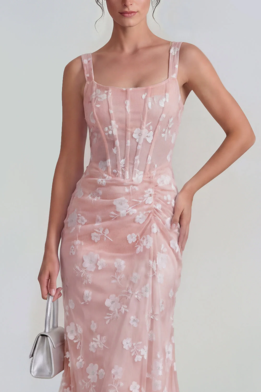 Lilac Sheath Sheer Corset Square Neck Midi Floral Dress with Lace Up Back - Image 11