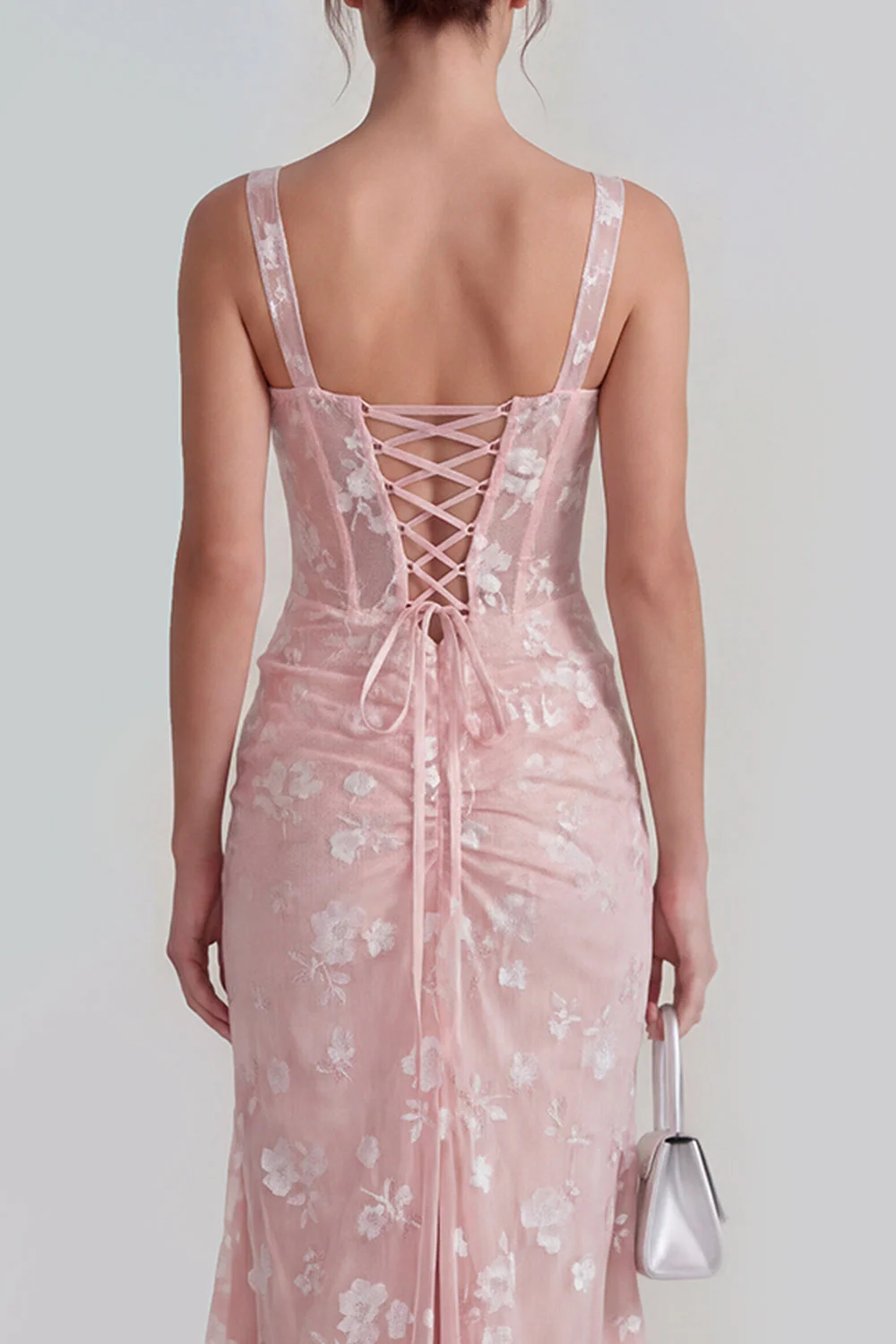 Lilac Sheath Sheer Corset Square Neck Midi Floral Dress with Lace Up Back - Image 12