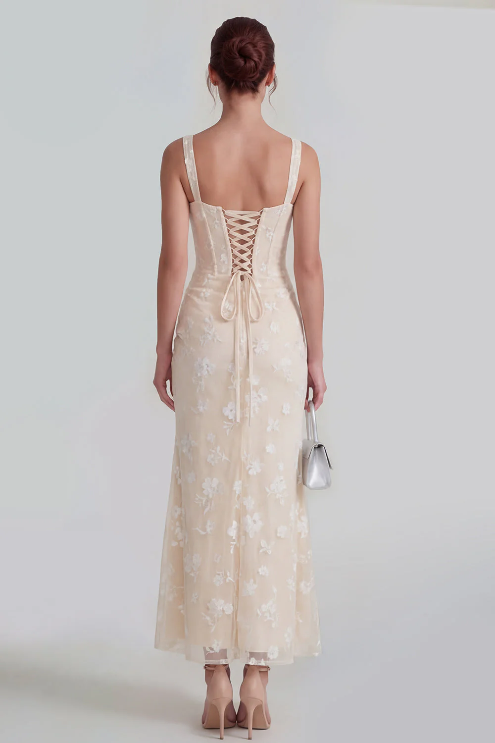 Lilac Sheath Sheer Corset Square Neck Midi Floral Dress with Lace Up Back - Image 14