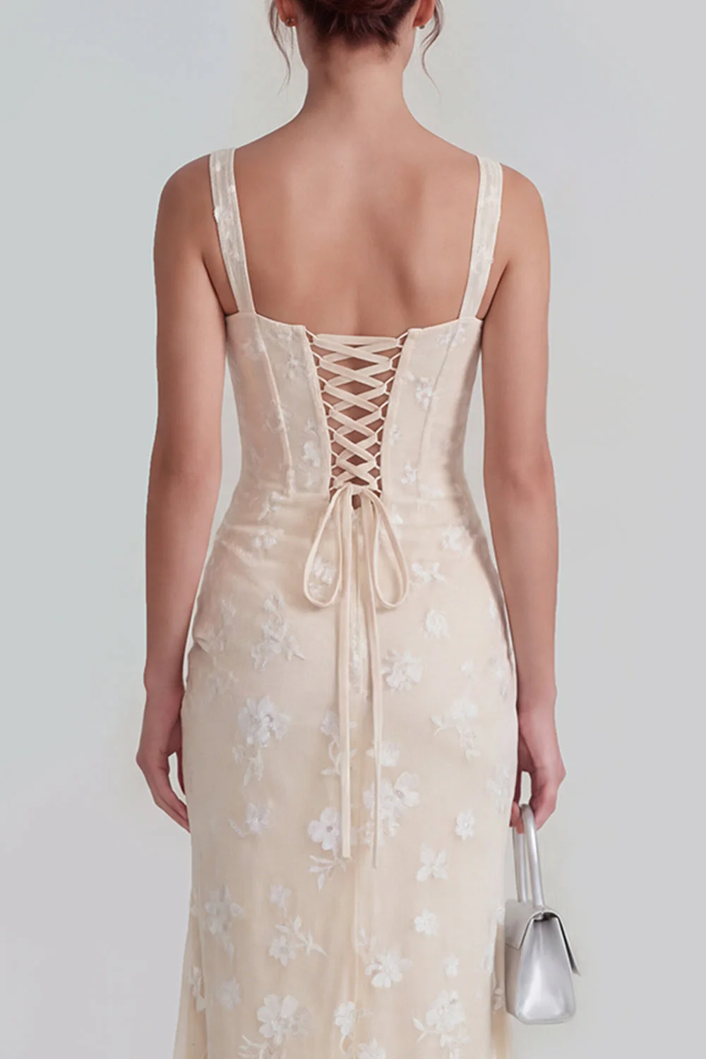 Lilac Sheath Sheer Corset Square Neck Midi Floral Dress with Lace Up Back - Image 15