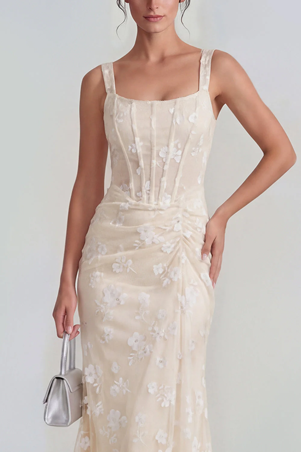 Lilac Sheath Sheer Corset Square Neck Midi Floral Dress with Lace Up Back - Image 16