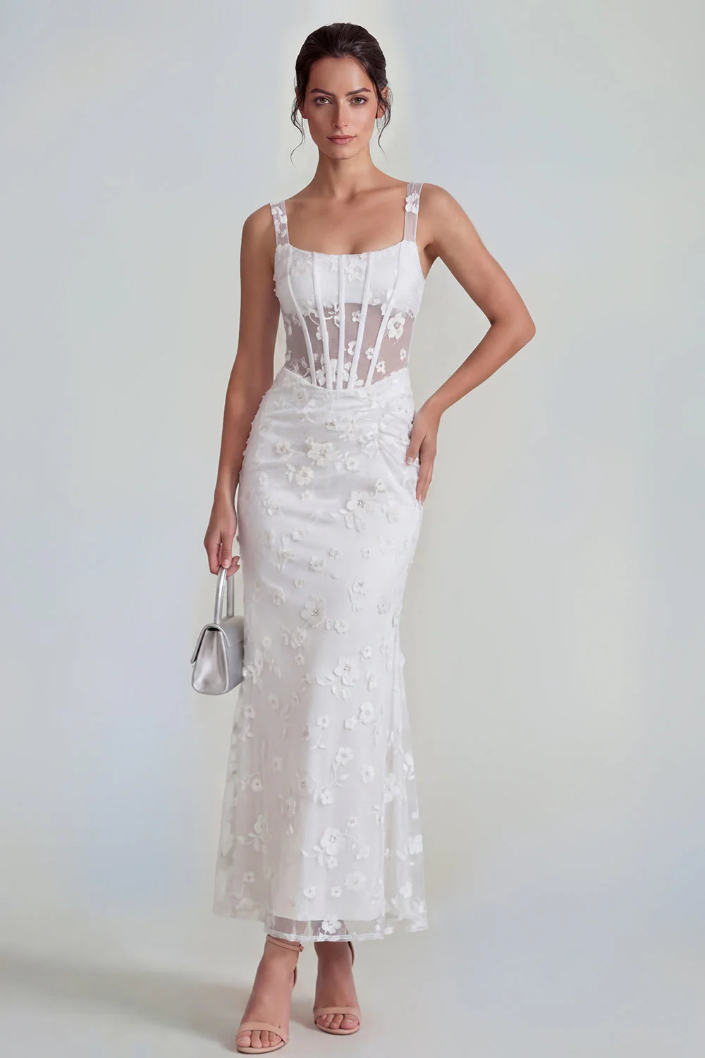 Lilac Sheath Sheer Corset Square Neck Midi Floral Dress with Lace Up Back - Image 17