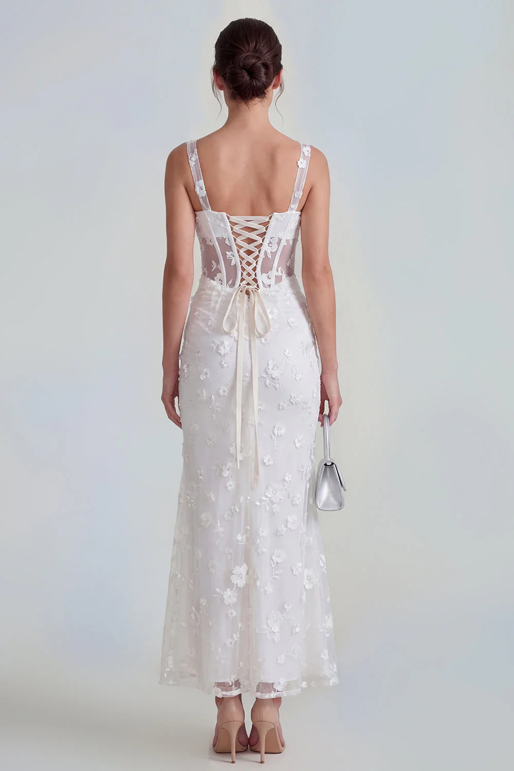 Lilac Sheath Sheer Corset Square Neck Midi Floral Dress with Lace Up Back - Image 18