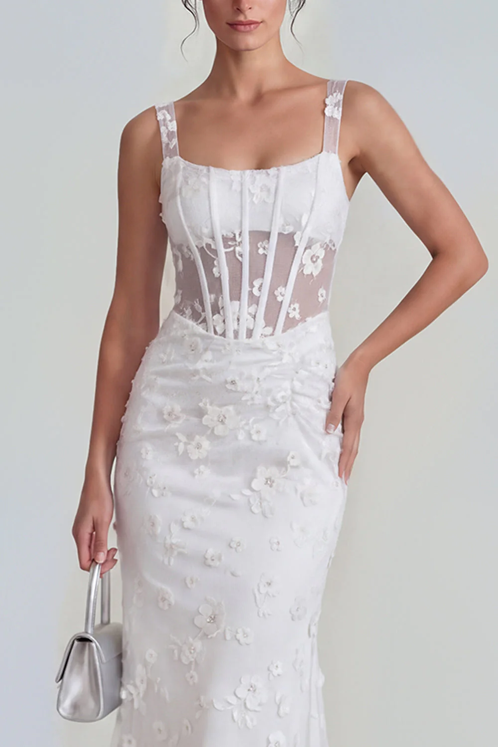 Lilac Sheath Sheer Corset Square Neck Midi Floral Dress with Lace Up Back - Image 19