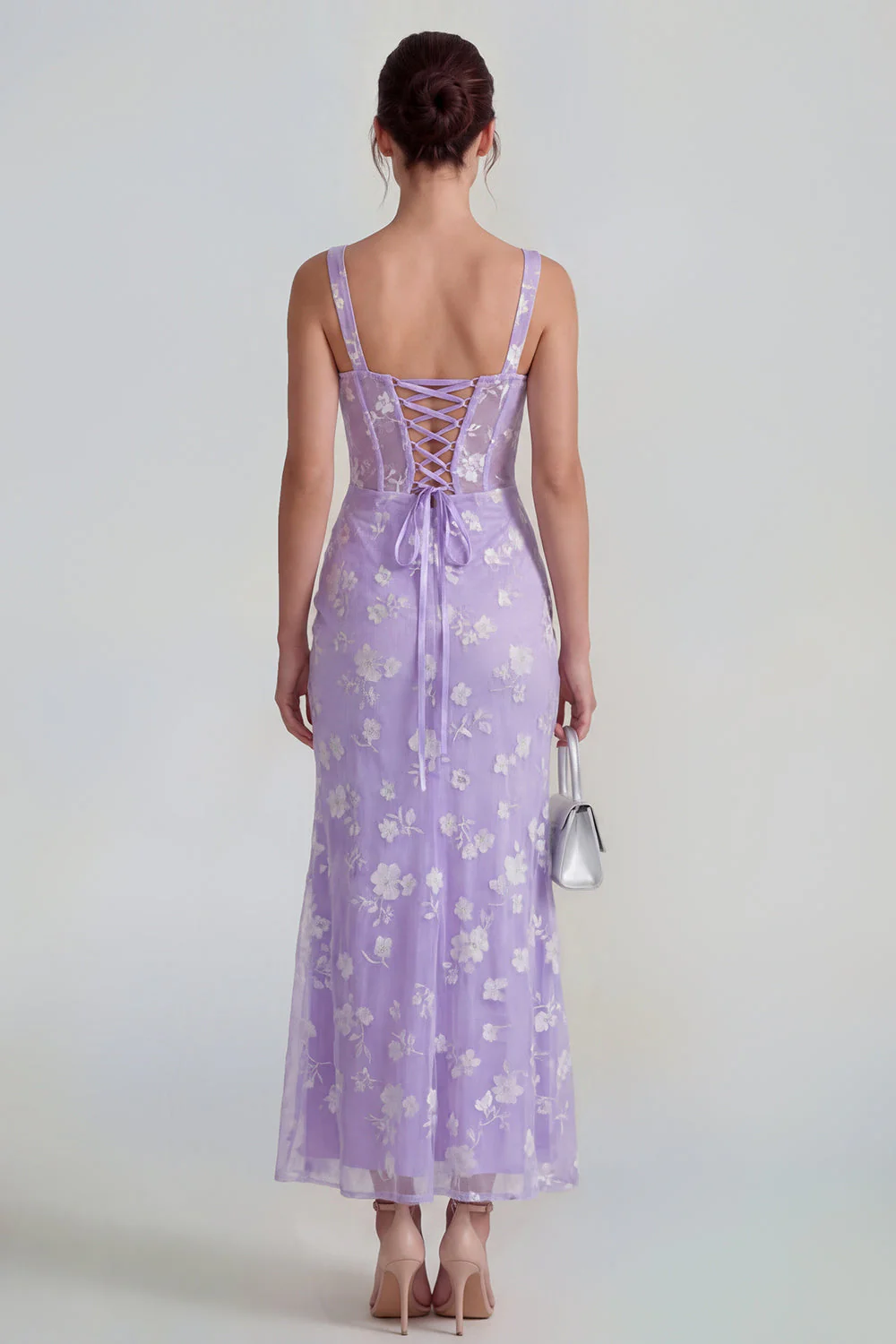 Lilac Sheath Sheer Corset Square Neck Midi Floral Dress with Lace Up Back - Image 2