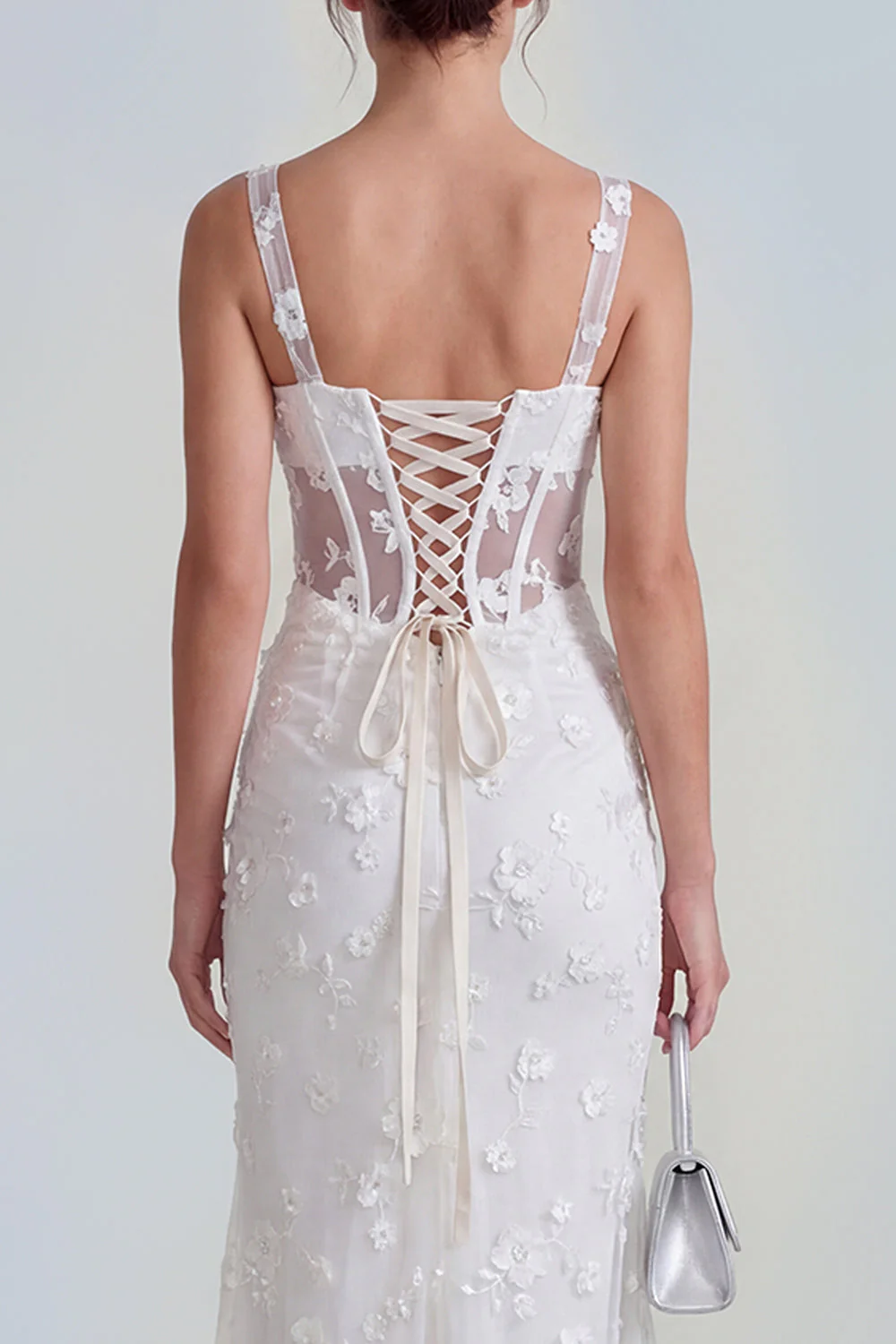 Lilac Sheath Sheer Corset Square Neck Midi Floral Dress with Lace Up Back - Image 20