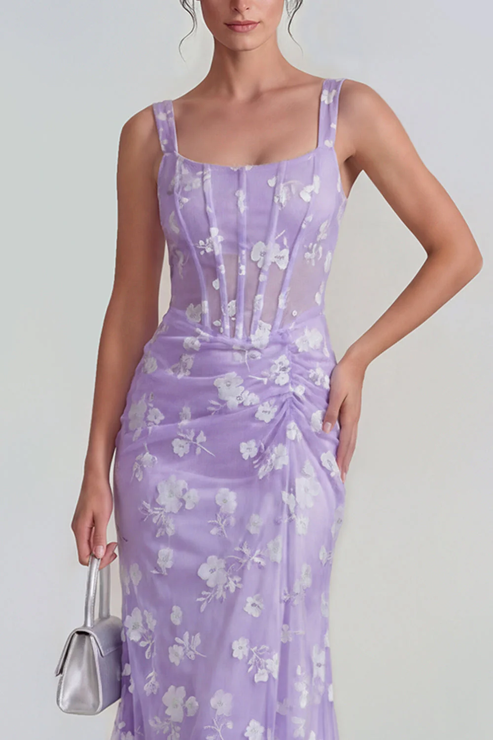 Lilac Sheath Sheer Corset Square Neck Midi Floral Dress with Lace Up Back - Image 3