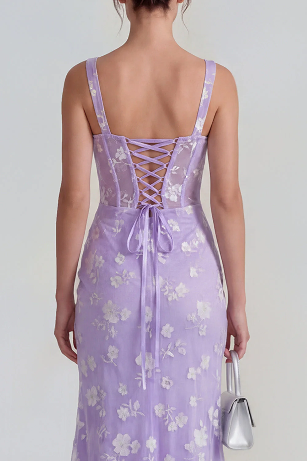 Lilac Sheath Sheer Corset Square Neck Midi Floral Dress with Lace Up Back - Image 4