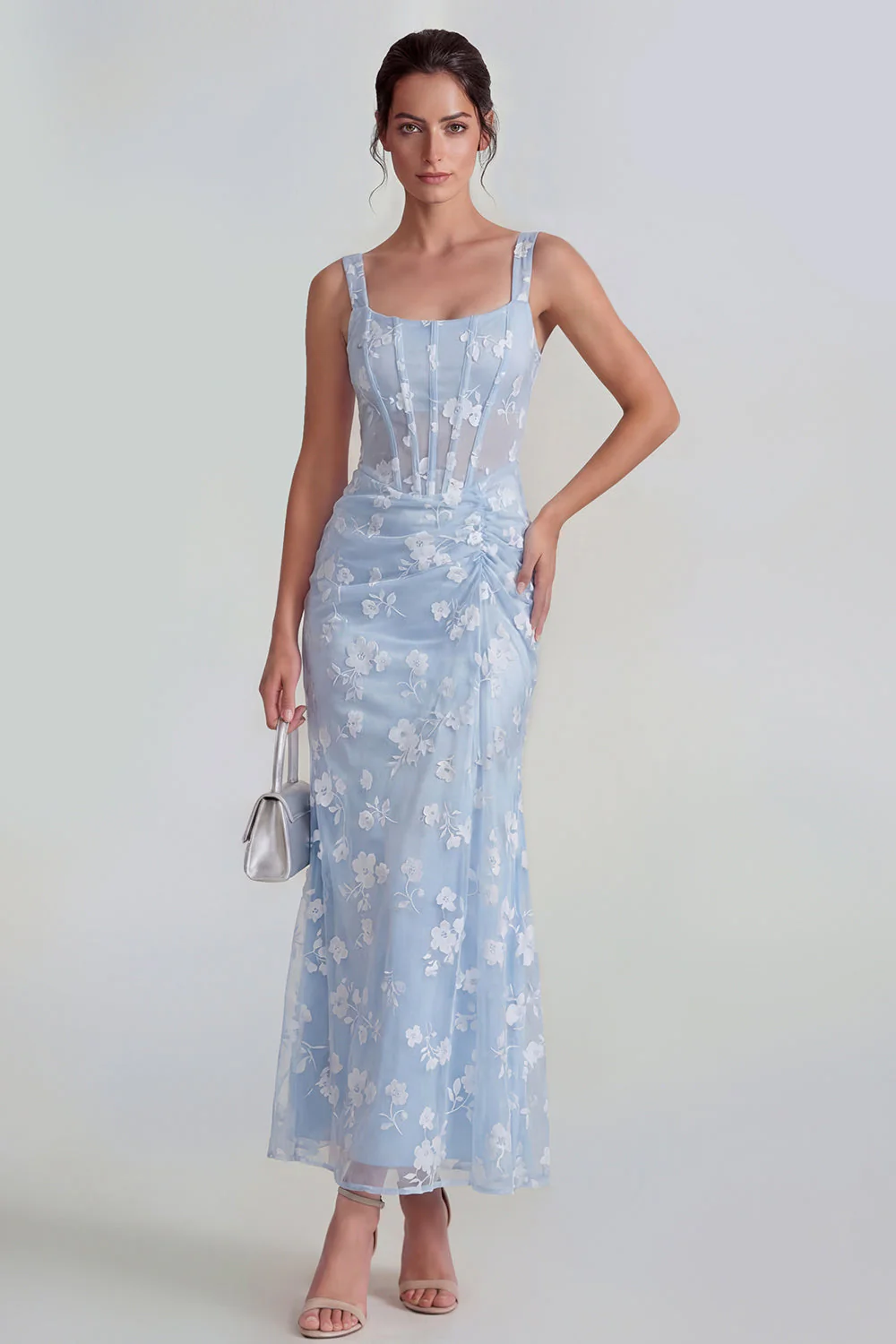 Lilac Sheath Sheer Corset Square Neck Midi Floral Dress with Lace Up Back - Image 5